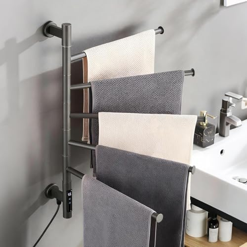HRSMTY Toallero Electrico Baño Giratorio 180° Calentador de Toallas de Pared Bajo Consumo Radiador Toallero Eléctrico de Acero Inoxidable con Temporizador y Pantalla LED de Temperatura Ajustables