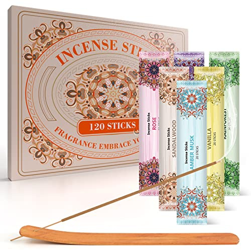 DERDUFT Incense Sticks 120 Pack with Incense Holder for Meditation Yoga | Incense Sticks Multipack 6 Scents Joss Sticks Scented Sticks Long Lasting Aromatherapy Incense for Relaxation Home Fragrance