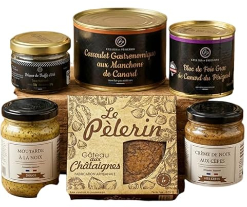 Cellier du Périgord – Cesta gourmand Comida Perigourdin completa – Caja de regalo 6 productos de la tierra, hígado graso, cassoulet pato, trufa, nueces, castaña – Tienda de comestibles fina artesanal