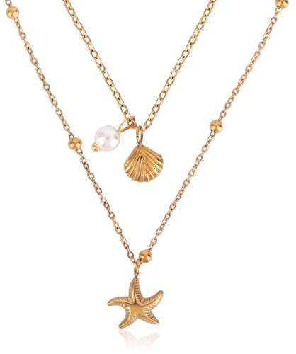 Mikovivi Collana Ciondolo Impilabile a Forma Conchiglia Stella Marina, Collana Stella Marina Perle a Forma di Conchiglia e Gioielli con Ciondolo da Donna Regalo per le Vacanze al Mare