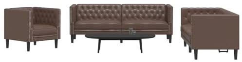 Keeushr 3-TLG. Chesterfield-Sofa-Set in Braun aus Kunstleder mit Ledersofa Polstergarnitur für Wohnzimmer und Essbereich