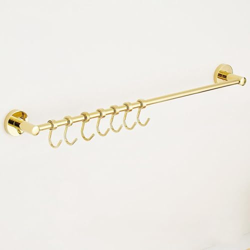 YXLLGS Gold Brass Kitchen Rail with Movable Hooks, Wall Mounted Utensil Rack, Organizer for Spatula Pot Lid Bathroom Towel Bar(80cm/31in)