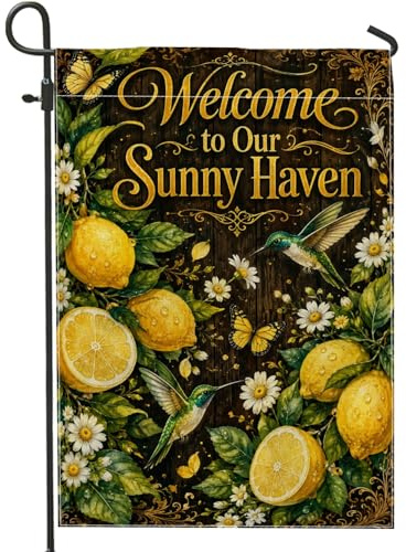 Bandiera da giardino con limoni, rustica estiva con colibrì, crisantemo, giallo estivo, su entrambi i lati, bandiere decorative per esterni, prato, portico, patio, ingresso, 30,5 x 45,7 cm