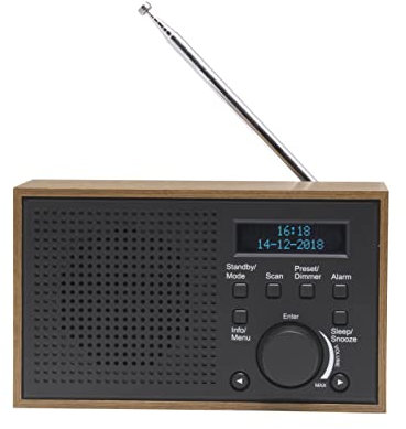Radio digitale DAB + e FM. DENVER DAB-46 Grigio scuro. Orologio e sveglia. Funziona con batteria e corrente. Uscita audio da 2 W. Finitura legno.