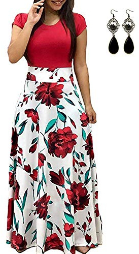 UUAISSO, dam lång ärm med blomtryck, elastiska hög midja, strandklänningar, maxiklänningar, D-röd kort ärm, 3XL