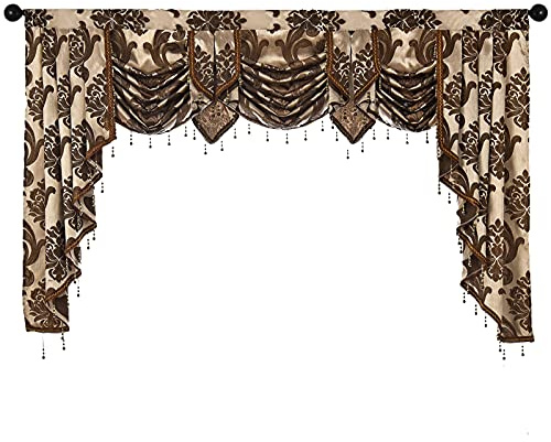 NAPEARL Waterfall Valance for Windows Damask Valance with Swags, Decorative Window Toppers, Brown Swags with Cascades for Living Room, Bedroom, Bay Window, 81-Inch Wide