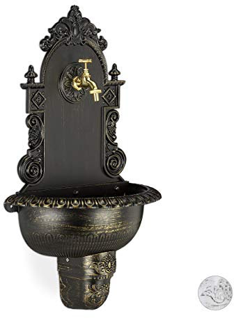 Relaxdays Fuente Jardín de Pared XL, Diseño Antiguo, con Grifo, Shabby, Aluminio Fundido, 1 Ud., 75 x 44 x 22 cm, Negro