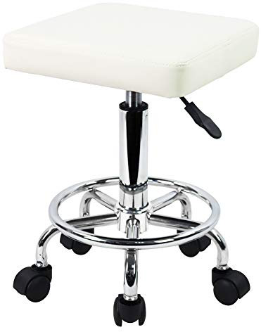 KKTONER Square Rolling Stool with Foot Rest PU Leather Height Adjustable Spa Drafting Salon Tattoo Work Swivel Stools Task Chair Small (White)