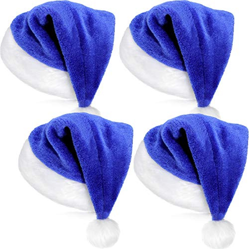 SATINIOR 4 Packungen Santa Hut, Unisex Samt Weihnachten Mütze mit Komfort Futterund Plüsch Krempe Weihnachtsmann Mütze für Party Neujahr Weihnachten (Blau, Kinder Größe)