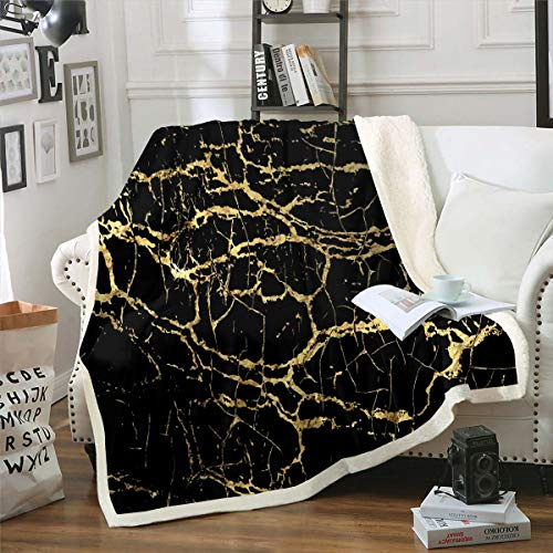 Marmor gedruckt Decke 150x200cm Schick Schwarz Golden Marmor Muster Kuscheldecke Für Kinder Frauen Teenager Luxus Abstrakte Kunst Wohndecke Modern Dekor