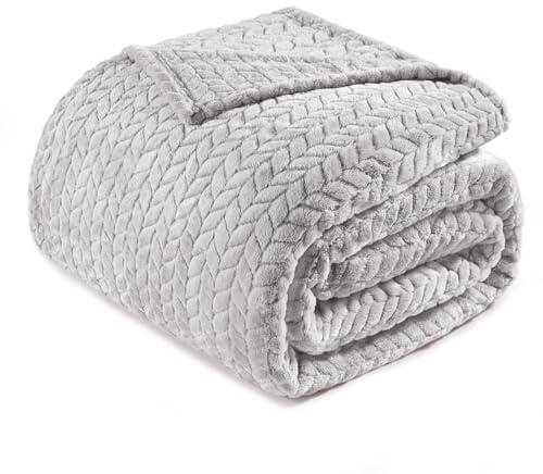 Exclusivo Mezcla Coperta Plaid Pile di Flanella per Divano, 220x240 CM Coperta Letto Matrimoniale con Modello a Foglie, Morbida e Calda, Grigio chiaro