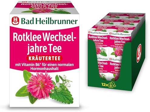 Bad Heilbrunner Rotklee Wechseljahre Tee - Kräutertee im Filterbeutel - Rotklee, Melisse, Lavendel - Vitamin B6 für einen normalen Hormonhaushalt - Wohlbefinden in Wechseljahren (12 x 8 Filterbeutel)