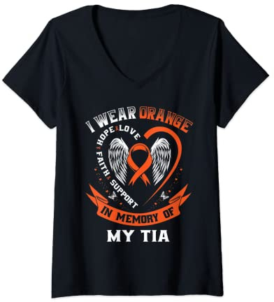 Mujer Llevo naranja en memoria de mi conciencia sobre el cáncer de leucemia tia Camiseta Cuello V