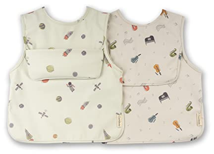 ÜneeQbaby Wasserdichte Baby- und Kleinkind-Lätzchen, 2 Stück, ärmellos, Öko-Tex-zertifiziert zum Füttern und Spielen mit Brusttasche