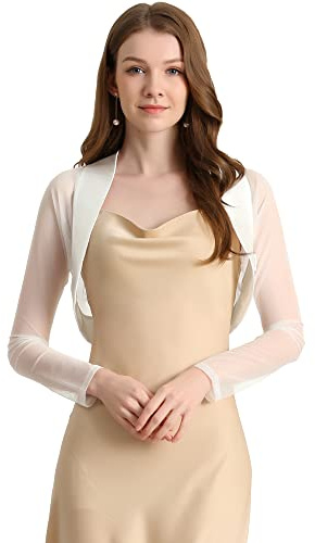 Allegra K - Coprispalle da donna in raso di Natale, elegante pannello in rete, maniche a sbuffo, aperto sul davanti, cardigan corto da festa, bianco, 48