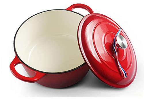 SHALOLY Casseruola con Coperchio Brasiera in Ghisa Smaltata, Rotonda Antiaderente, Pentola per Zuppa Profonda Sicura per Forno e Induzione Ideale per la Cucina Classica,Red-26cm (Red 23cm)