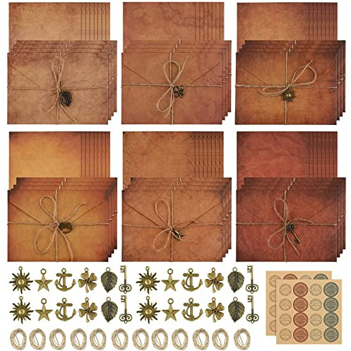 SAMSYOKI Vintage Briefpapier mit Umschlag Set, 48 Blätter Briefpapier, 24 Umschlägen, 24 Retro Schlüsseln, 24 Hanfseilen, 4 Seal Stickers Kraftpapier Umschläge für Hochzeits Einladung Grußkarten
