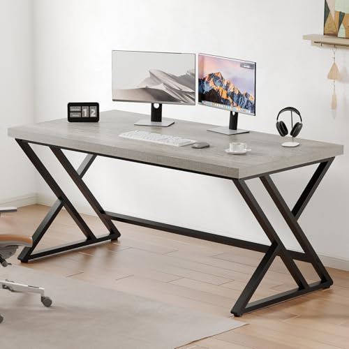 LVB - Escritorio de ordenador de madera, rústico, ejecutivo de metal, escritorio industrial con almacenamiento, mesa de ordenador de madera, para dormitorio, salón, roble gris, 140 cm