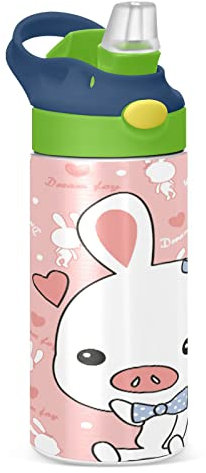 KAAVIYO Lovely White Rabbit Pig Water Bottle Stainless Steel Insulated Vacuum Flask Leak Proof with Straw Brush Cup 350ML for Boys Girls Kids