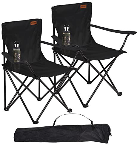 Rainberg Folding Camping Chairs, Comfortable Heavy Duty Structure, Extra Wide Garden Chair with Hard Armrest, Foldable Fishing Chair Outdoor Fold up, Cup Holder with Carry Bag. (Pack of 2, Black)