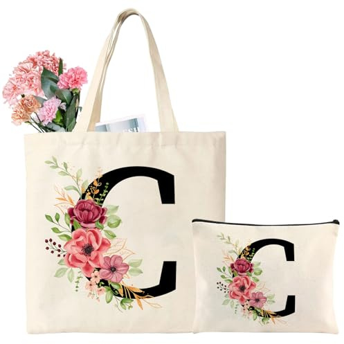 Tarklanda Personalizzata Iniziali Borsa Tote in Tela, Cotone Shopper Borsa con Lettere e Fiori, Regali per Donna, Amica, Mamma, Regalo per Compleanno, Matrimonio, Festa della mamma(C)