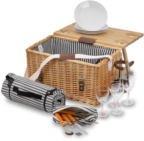 CampFeuer Picknickkorb 4 Personen mit Geschirr-Set und Serviertisch | 25-teilig | Picknickkoffer mit gestreiftem Innenmuster | Weidenkorb mit Kunstlederriemen | Picknicktasche, Picknick Set