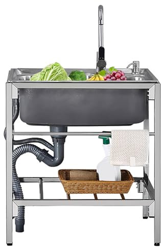 Kleine gewerbliche Spüle mit heißem und kaltem Wasserhahn, Edelstahl-Waschbecken mit Abflusskorb, Ablage, Handtuchhalter, Einzelwaschbecken für Küche, Hinterhof, Außenbereich (Größe: 71x47x75cm)
