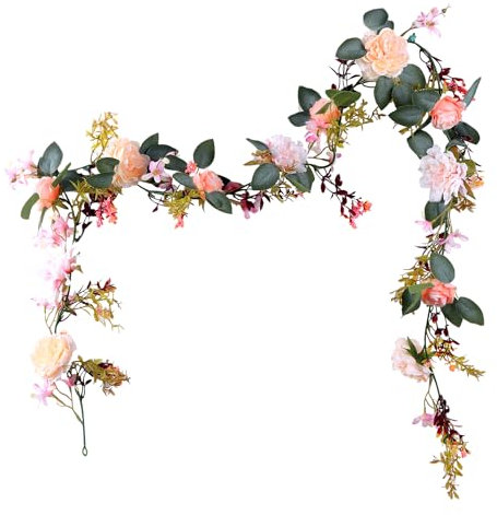 Sumotia Blumengirlande Deko,Pfingstrosen Girlande 180cm Seidenrose & Pfingstrose Künstliche Blumenranke für Hochzeiten, Partys, Heimdekoration