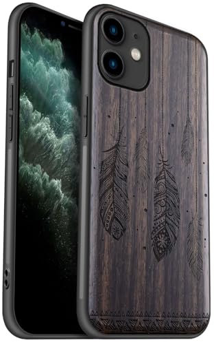 Carveit Coque en Bois pour iPhone 11 Étui Protection Artistique Cover TPU Souple de téléphone Antichoc Compatible avec Apple 11 Etui (Bois Sombre-Tapisserie à Plumes)