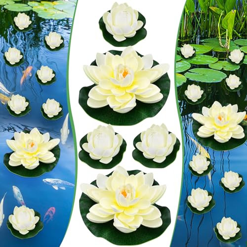 EMAGEREN 5 Fiori Galleggianti per Laghetti, Fiori di Loto Galleggianti 10 cm e 18 cm Ninfee Artificiali Bianche in Schiuma Eva per Decorazione Acquario Terrazza Giardino Piscina