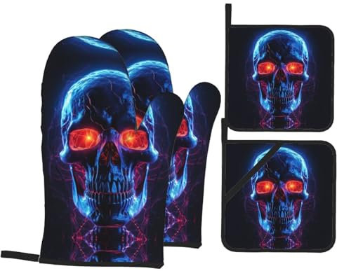 4 Pezzi Forno E Presine Guanti Halloween Skull Print Guanti Barbecue Ultra Spessi Guanti Da Cucina Divertenti Guanti Forno Per Bbq, Grill, Cucinando