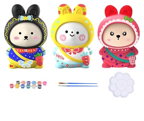 Kit de manualidades para pintura de yeso: juego de arte todo en, suministros para manualidades creativas | Figura de conejo de pintura no tóxica, variedad de moldes de yeso, kit de manualidad