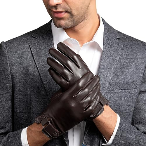 YUEMING Herren Lederhandschuhe, Winter Handschuhe Herren, Warme Kaschmirhandschuhe Handschuhe Berührungssensitiver Bildschirm für Outdoor Fahren Camping(Braun-L)