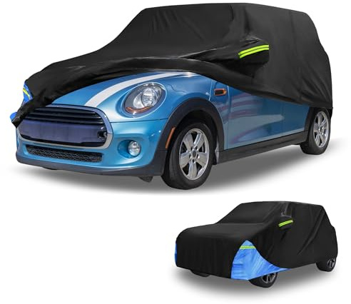 Partuto Car Cover Waterproof All Weather 210D, UV Sun Rain Protection, for Mini Cooper 4DR with Left Side Zipper, Black & Blue