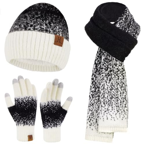 Bequemer Laden Mütze Damen Winter Schal Handschuhe Set | Damen Warm Beanie Wintermütze Strickmütze Touchscreen Winterhandschuhe Strickhandschuhe und Lang Schal Set Geschenke Frauen
