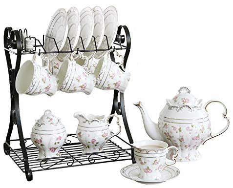 ABBNIA Juego de Taza de té de Porcelana Juego de Taza de café Juego de platillos Juego de té de la Tarde Juego de té de Servicio Taza de té de Porcelana con Soporte de
