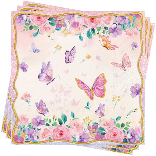 80Stück Schmetterlings Servietten Frühling Ostern Blumen Servietten Einweg PapierServietten für Ostern Geburtstag Hochzeit Servietten Nachmittagstee Party Zubehör Schmetterling Dekorationen