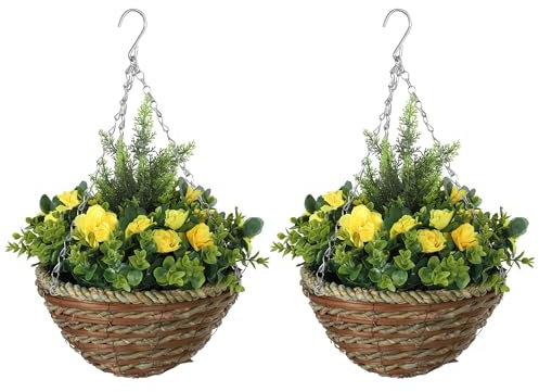 Outsunny Pack of 2 Faux Plant Artificial Lisianthus Flowers Hanging Planter with Basket for Indoor Decoration, Yellow