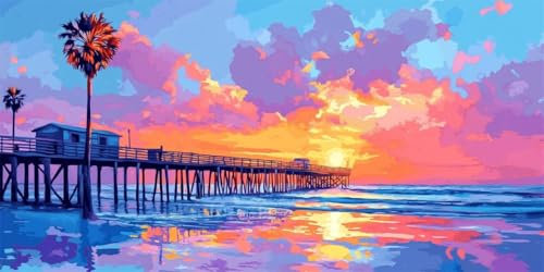 Malen Nach Zahlen Sonnenuntergang Malen Nach Zahlen Erwachsene Ozean DIY mit Rahmen Ölgemälde Set Malen Basteln, mit Pinseln Acrylfarben Kreativ Set für Erwachsene,Home Wand Dekor Gift 70x140cm E-1358