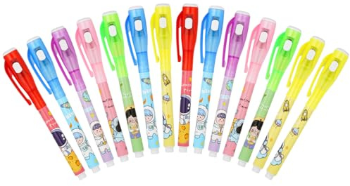 OFFCUP Stylo Encre Invisible, 14pcs Stylo Espion avec Lumiere UV, Stylo Magique pour Écrire Un Message Secret, Crayons à Encre Invisible pour Cadeau Anniversaire Fête Activité Enfants-Dessin Animé