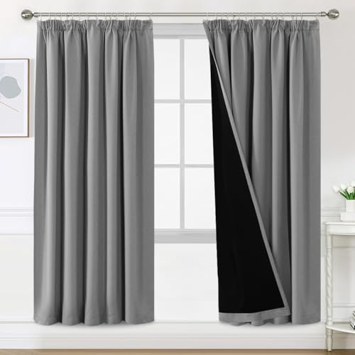 BellaHills Vorhang 100% Blickdicht mit Kräuselband 2er Set Vorhang gegen Kälte Doppellagige Vorhänge Thermogardine Wärmeisolierend Verdunklungsvorhänge H240 x B140 cm, Taubengrau