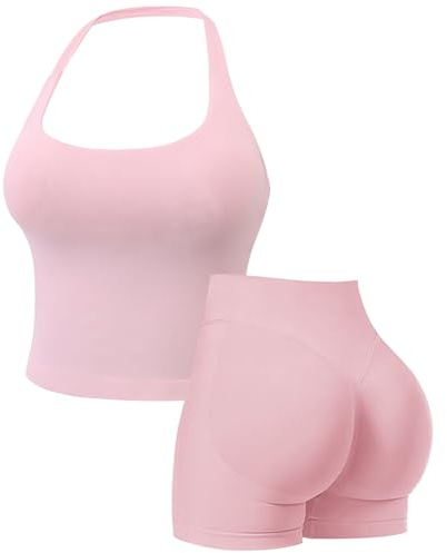 Womens Workout Sets Gym Outfits 2 Pieces Seamless Longline Halter Backless Crop Top Scrunch Bums Shorts Yoga Tracksuit