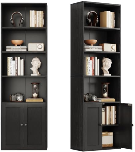 Coleshome 6-Tier Bookcase with Doors and Cabinet, Bookshelf Floor Standing Display Storage Shelf, Bookcases for Home, Office, Living Room, Bedroom, Black, 48 x 24 x 176.4