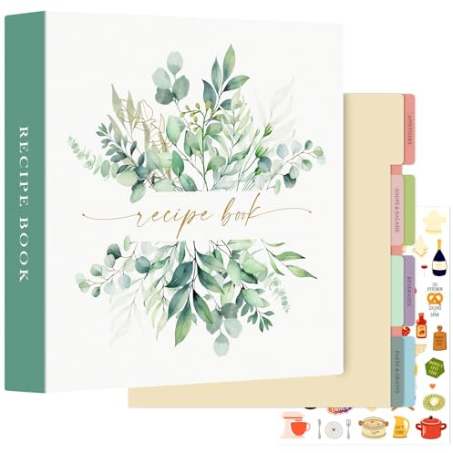 Lanpn Rezepte Ordner für Kochrezepte, 3 Ringen DIY Kochbuch Selbst Schreiben, Rezeptbuch zum Selberschreiben, Recipe Binder Rezeptordner mit 8 Trennblättern und 2 Aufklebern, Englisch