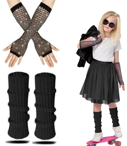 AffeGifts Calentadores Niña Años 80, Calentadores Niña Fluor y Guantes de Red de Pesca de Neón Cálido Calentadores de Piernas Para Niñas Fiesta Temática de Vestidos de Lujo para La Década (Negro, 1)