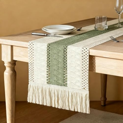 PHMING Tischläufer Stoff, 30 × 180 cm Tisch Läufer | Vintage-Baumwoll-Leinen Tischläufer Abwaschbar mit Fransen – für Festtage, Partys oder als Tischdekoration im Restaurant