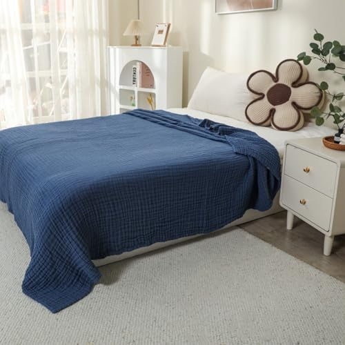 Muslin Decke, Dünne Baumwolldecke Sommer, 100% Cotton Muslin Six Layer Throw Blanket, Crawling Blanket, Sofa Blanket, Cuddly Blanket for Erwachsene, Kinder and Babies (Dunkelblau, Queen(150x200cm))