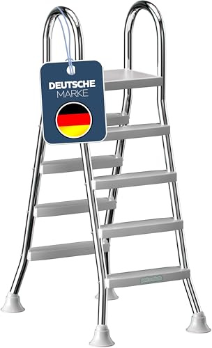 poolomio® Poolleiter Edelstahl mit Handlauf bis 132-140 cm | Einstiegsleiter mit 4 Stufen für Aufstellpools bis 1,40 m Höhe | sicherer Einstieg, langlebig, stabil | Sicherheitsleiter Traglast 150 kg