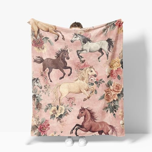 Horse Throw Blanket Soft Warm Cozy Horses Floral Blankets Fuzzy Plush Fleece Horse Blanket Gifts for Couch Bed Sofa Home Decor 40''X50''