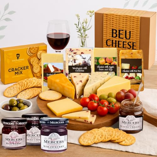 Cheese Hampers Gift Set - 4x Cheeses Wedge Selection, Jam, Crackers & Card - Cheeseboard Gift Set, Birthday Hamper for Men & Women, Cheese Selection Box